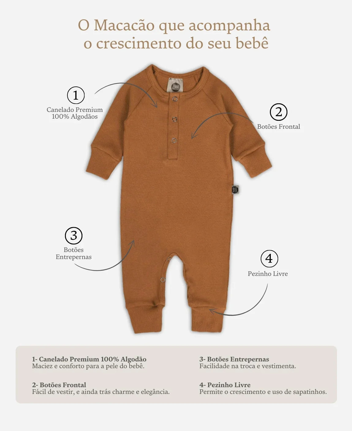 Macacão Bebê Canelado Botões Unissex | Liso Goldie