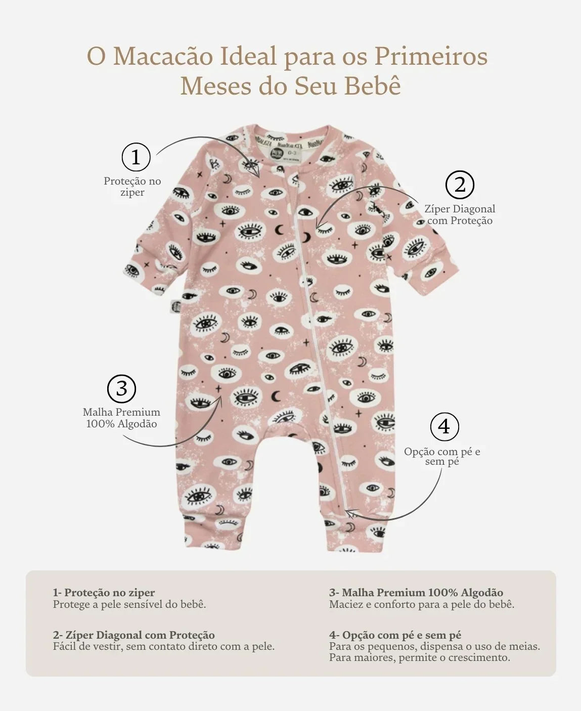 Macacão de Bebê Ziper com opção de Pezinho | Mystic Eyes