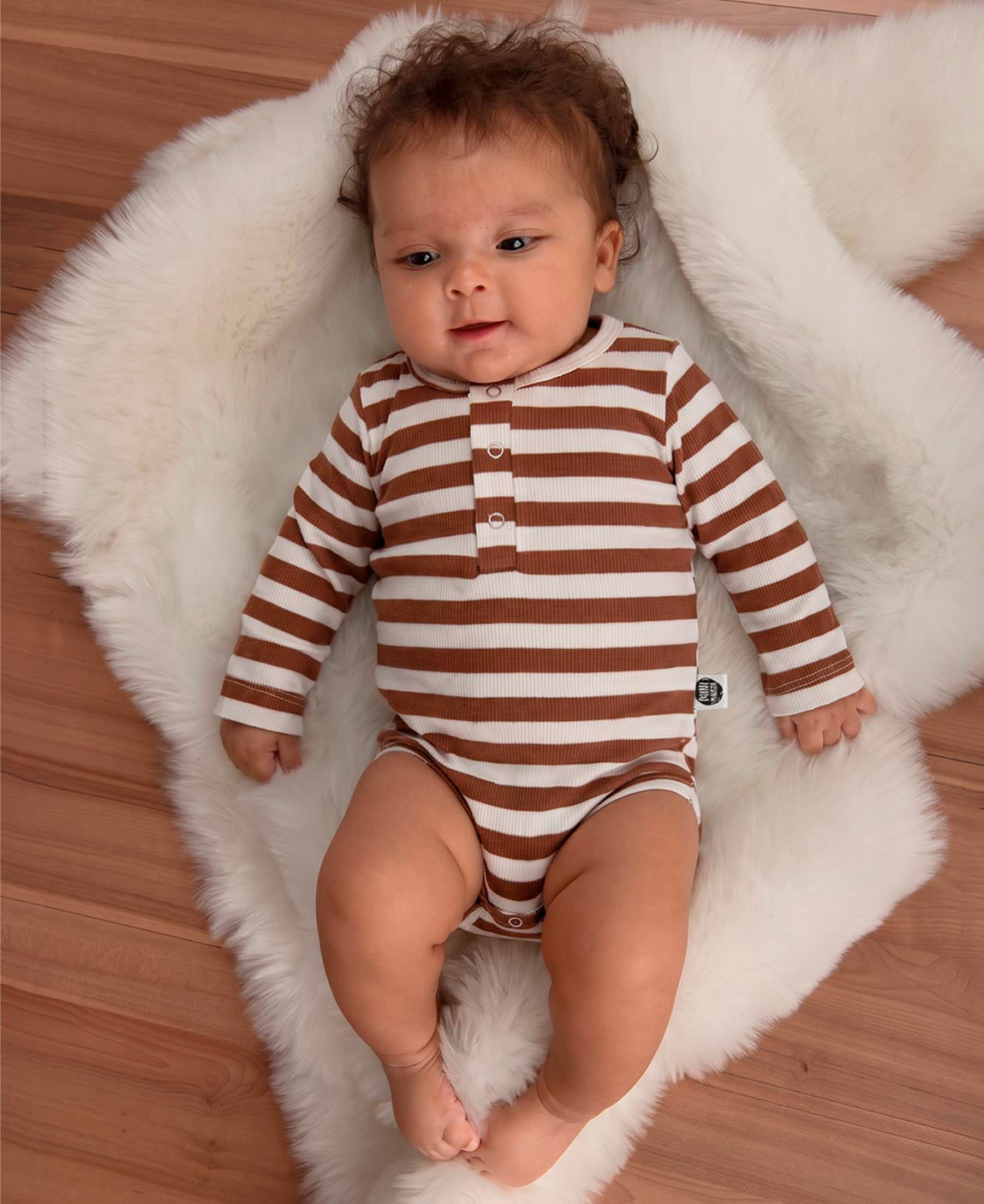 Conjunto Body e Calça Canelada Bebê | Listras Caramelo e Branco Off