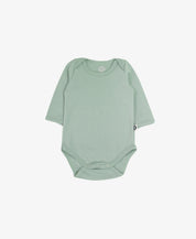 Body de Bebê Manga Longa Unissex Liso Eucalipto MiniMalista Baby — blusinha de bebê 100% algodão ultramacio, body verde claro sereno para bebê, unissex menino e menina, roupinha de inverno cor verde eucalipto natural