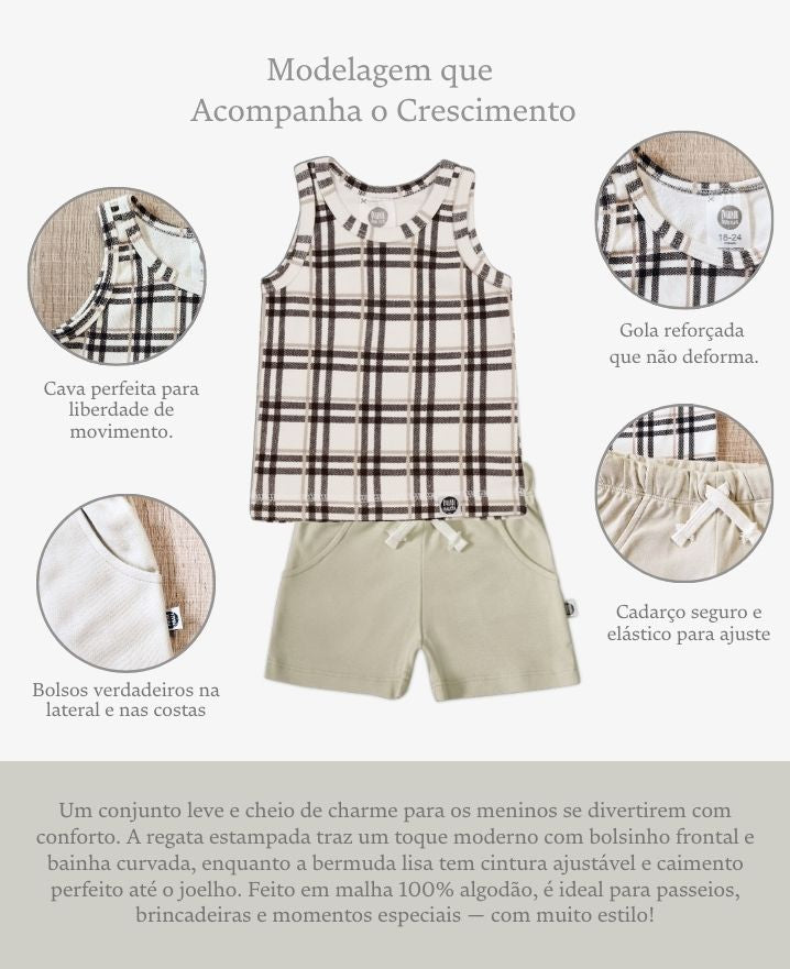 Conjunto Regata e Bermuda Infantil Menino | Stone e Xadrez Plaid