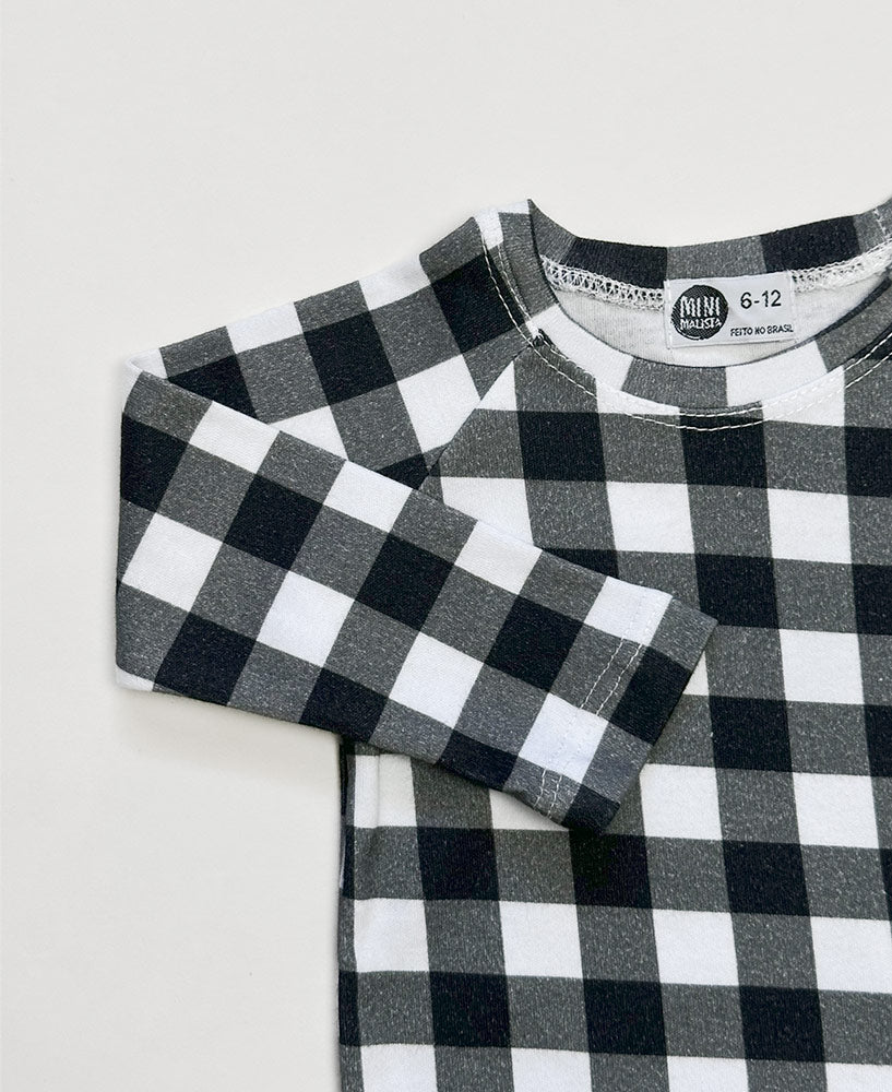Camiseta Infantil de Inverno Manga Longa Unissex Raglan | Vichy Preto
