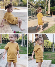 Conjunto bebê e infantil canelado blusa e shorts cor 