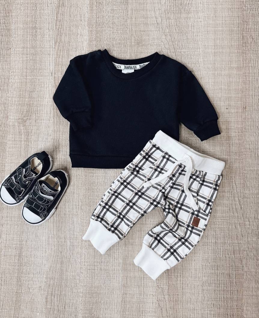 Conjunto de Moletom Infantil Algodão | Xadrez Plaid e Preto