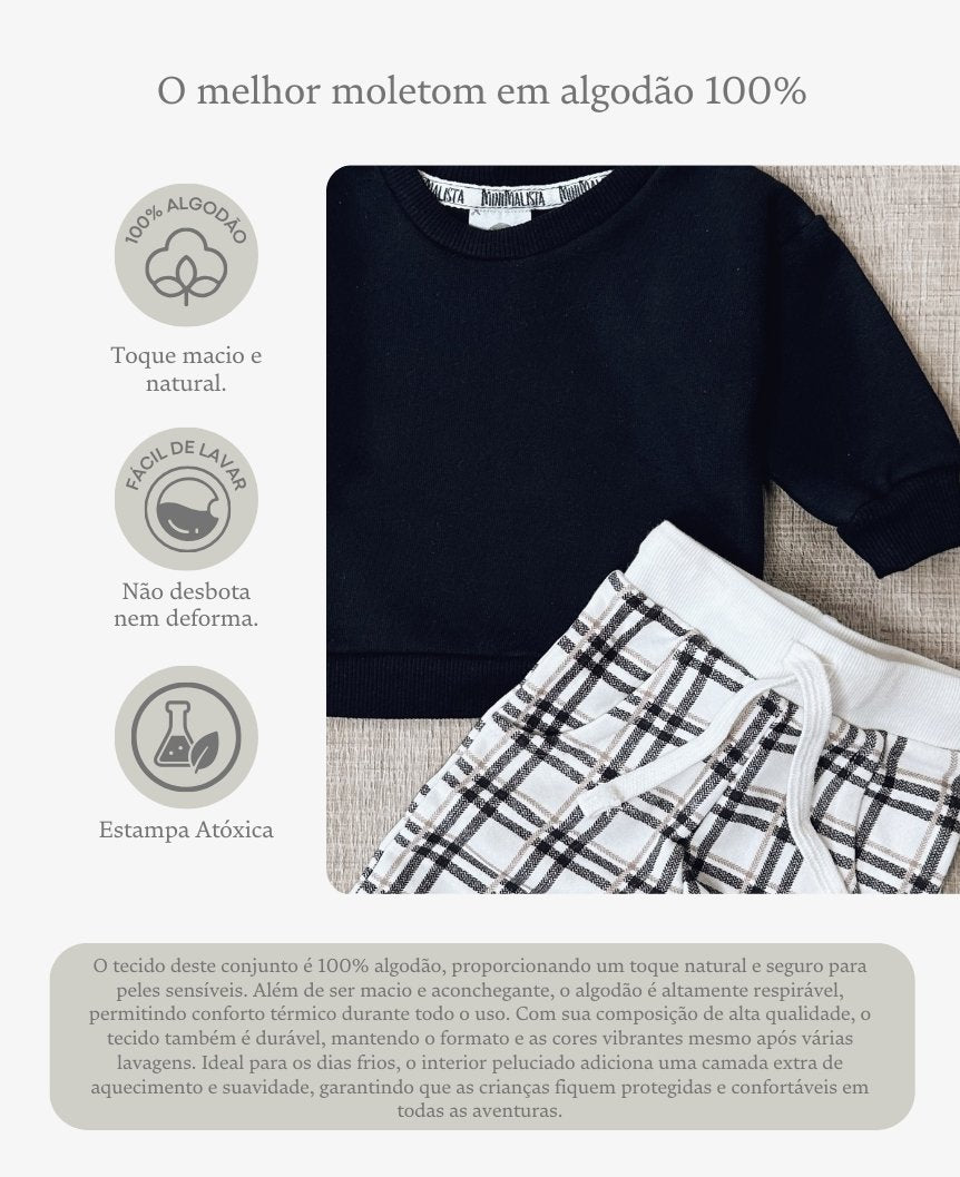 Conjunto de Moletom Infantil Algodão | Xadrez Plaid e Preto