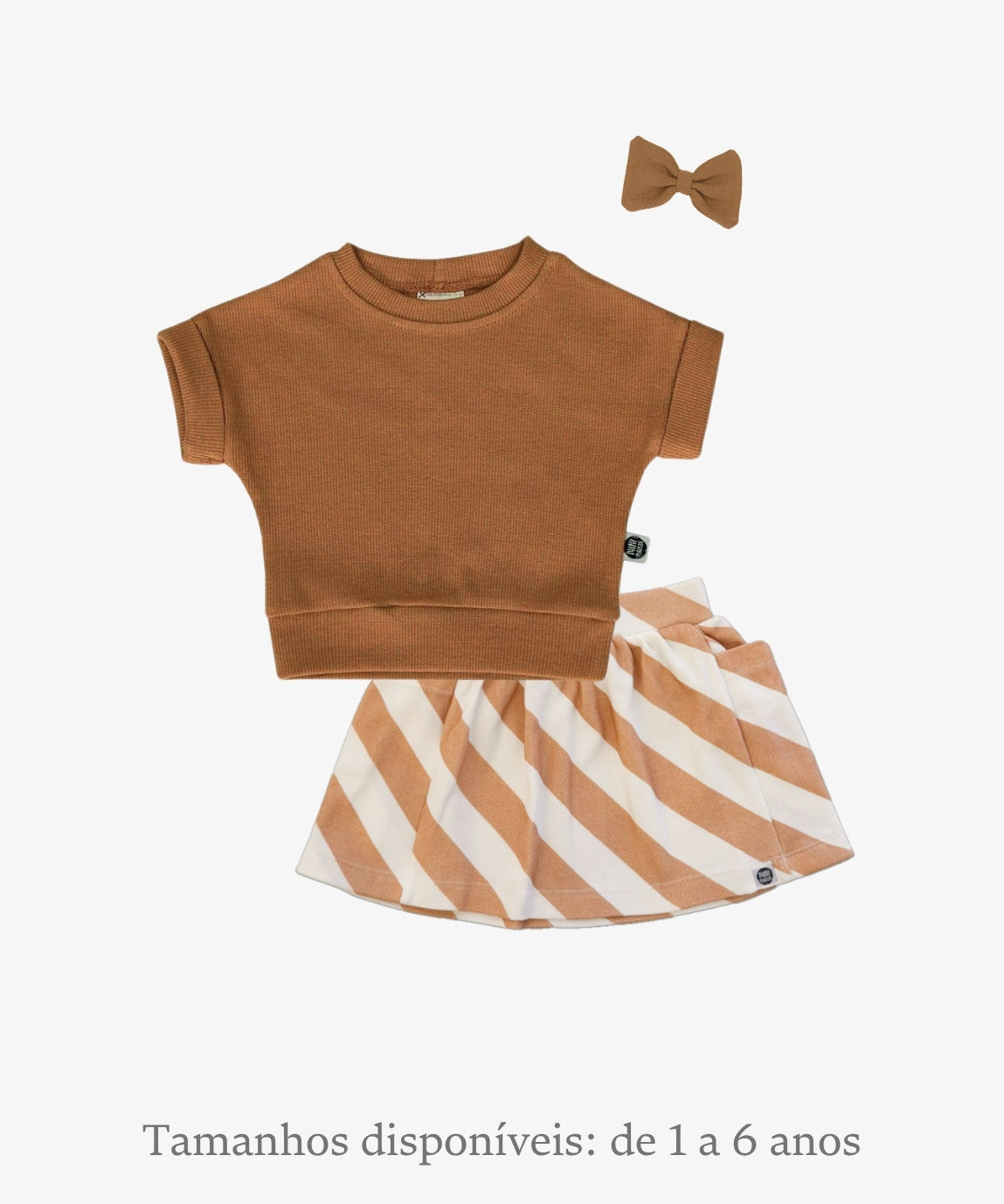 Conjunto-Infantil-Feminino-Menina-Minimalista-Laranja-Goldie-Dourado-Caramelo-Mostarda-Saia-Listras-Diagonais-Dolman-Goldie-Laço