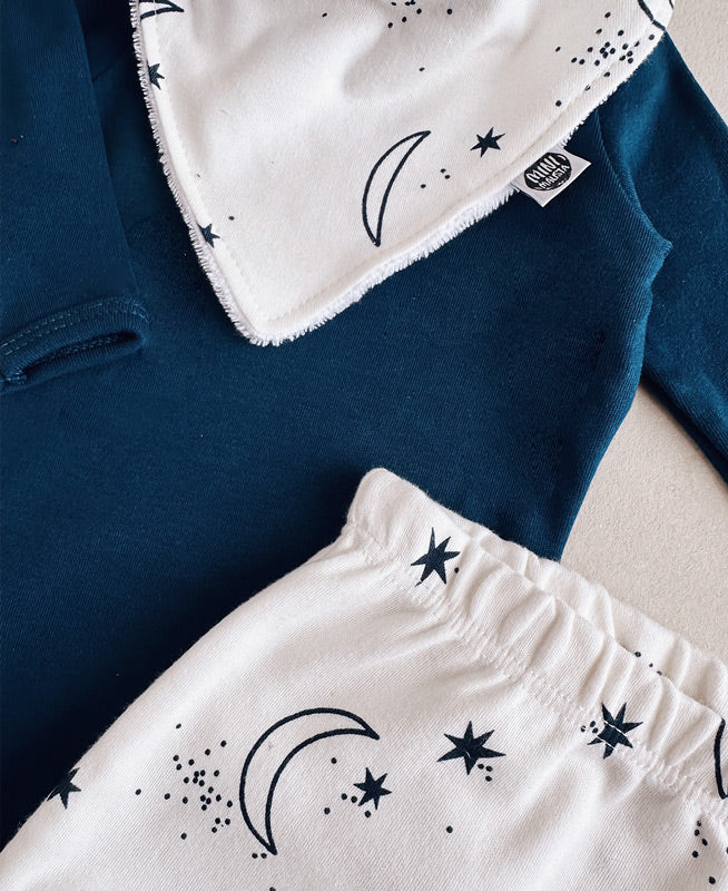 Conjunto Bebê Menino Calça + Body Longo + Babador | Azul Sky e Midnight