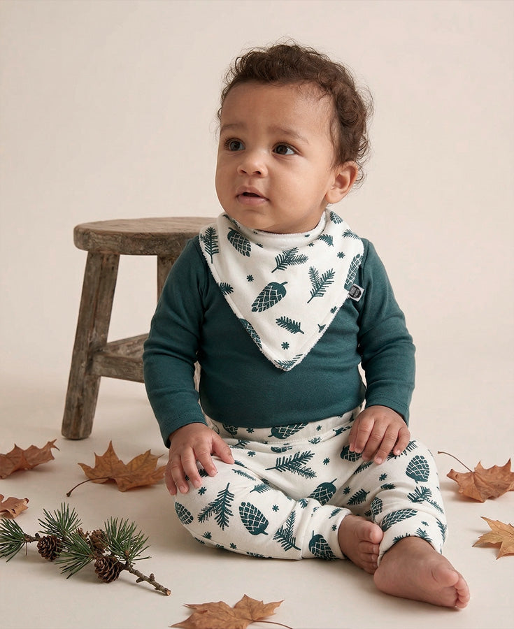 Conjunto Bebê Menino Calça + Body Longo + Babador | Deep Green e Pine Cones