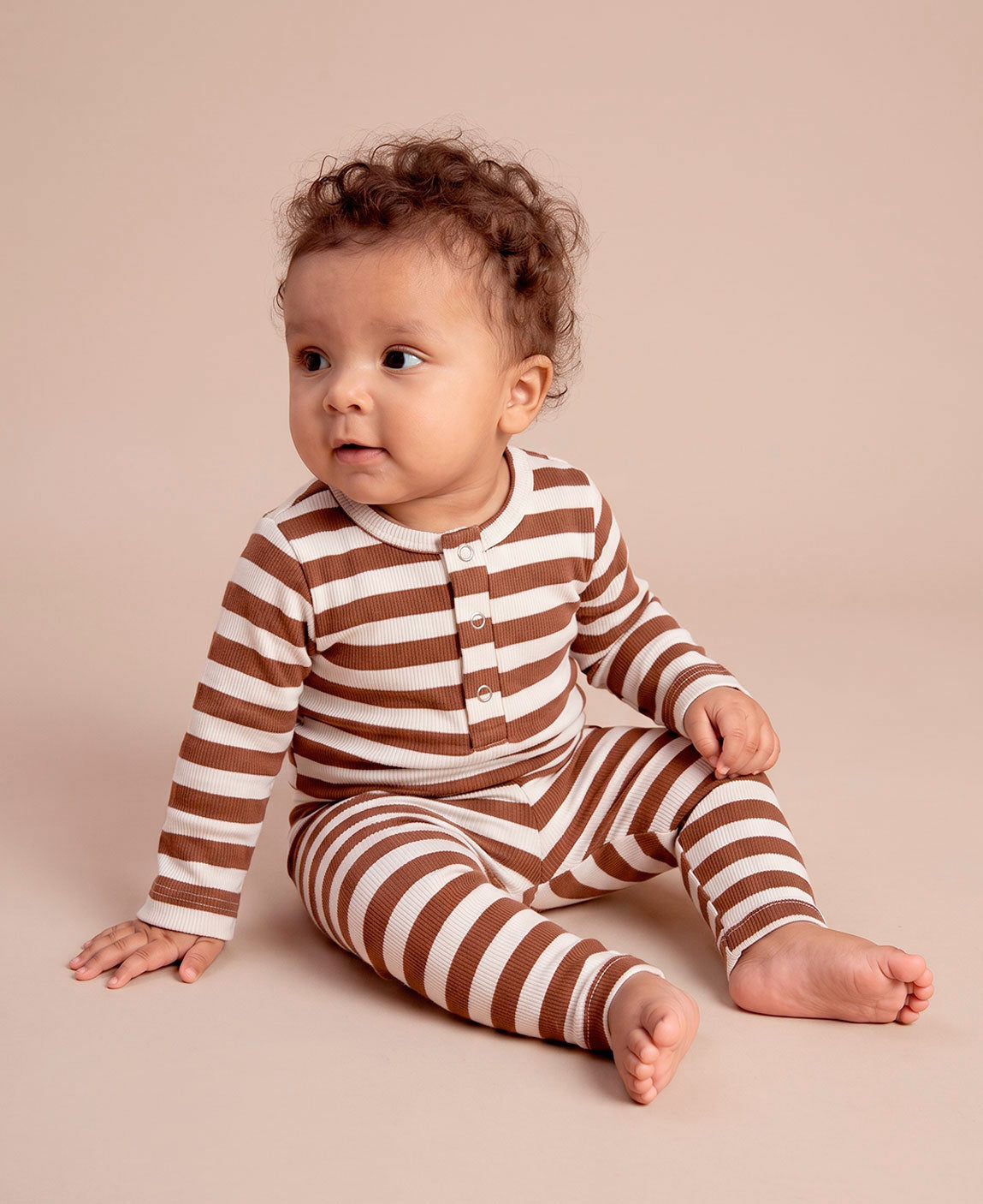 Conjunto Body e Calça Canelada Bebê | Listras Caramelo e Branco Off