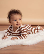 Conjunto Body e Calça Canelada Bebê | Listras Caramelo e Branco Off