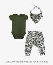 Conjunto Bebê Calça + Body Curto + Babador | Zebra e Jungle Green