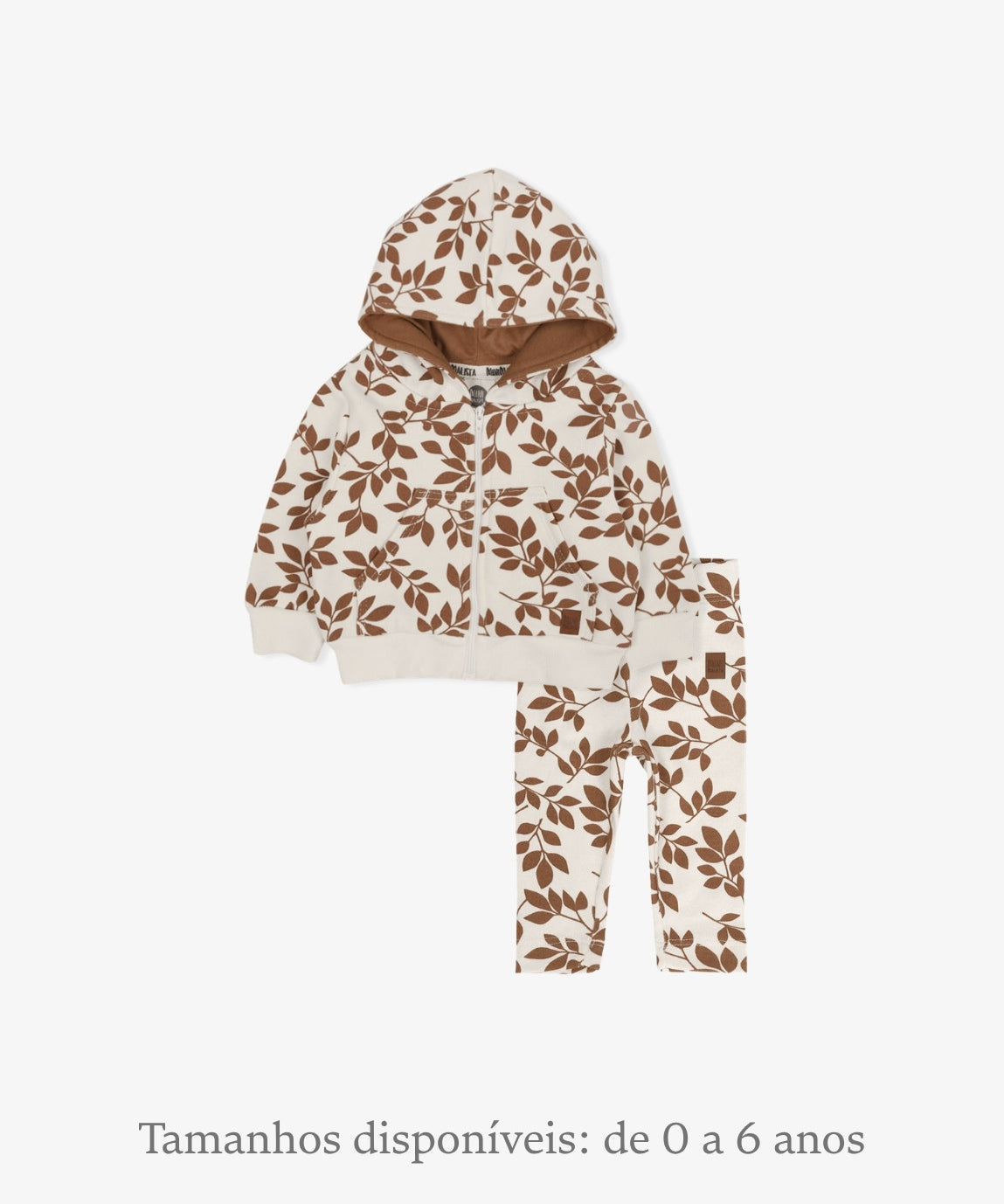 Conjunto Casaco Moletom + Legging Laurel Menina MiniMalista — casaco com capuz + legging fina em estampa folhagem allover caramelo, 100% algodão antialérgico do RN aos 5-6 anos, marca criada por mãe de criança com alergia na pele
