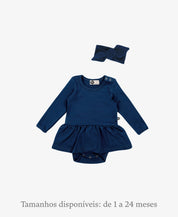 Conjunto Bebê Menina Body-Vestido Inverno + Faixinha | Liso Azul Sky