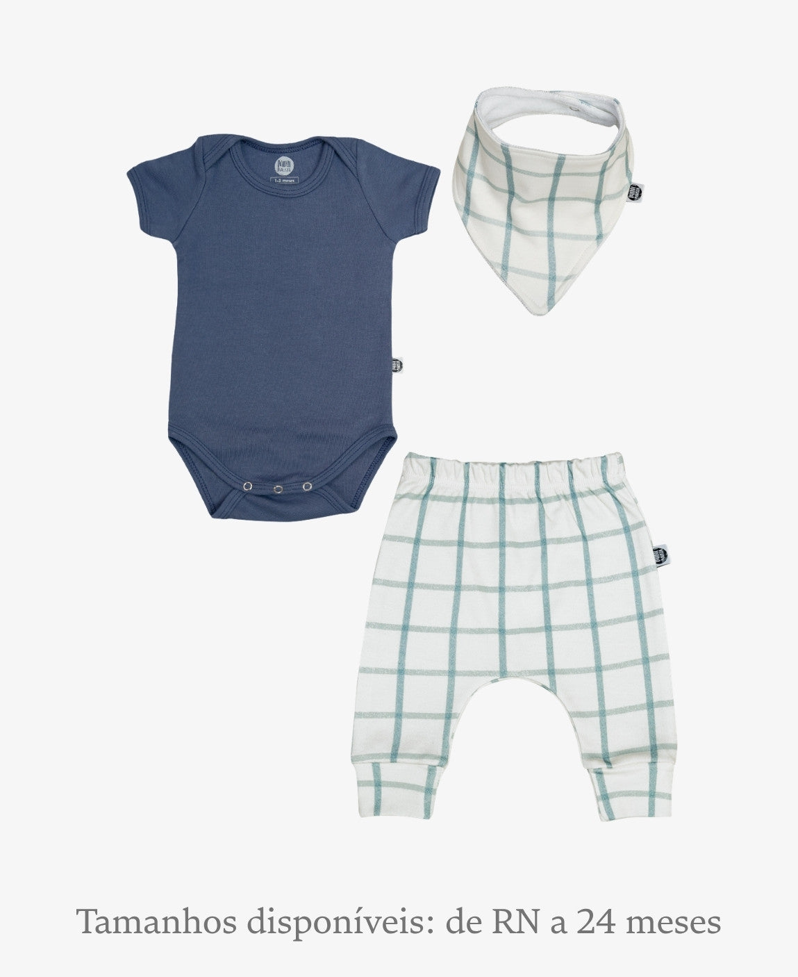 Conjunto Bebê Unissex Calça + Body Curto + Babador | Xadrez Azul e Oxford