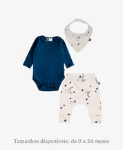 Conjunto Bebê Menino Calça + Body Longo + Babador | Azul Sky e Midnight