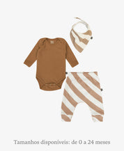 Conjunto Bebê Menino Calça + Body Longo + Babador | Goldie e Listras Diagonais Bege