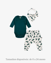 Conjunto Bebê Menino Calça + Body Longo + Babador | Deep Green e Pine Cones