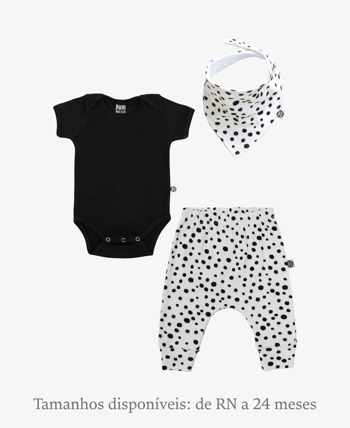 Conjunto Bebê Calça + Body Curto + Babador | Snow Leopard e Preto