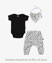 Conjunto Bebê Calça + Body Curto + Babador | Snow Leopard e Preto