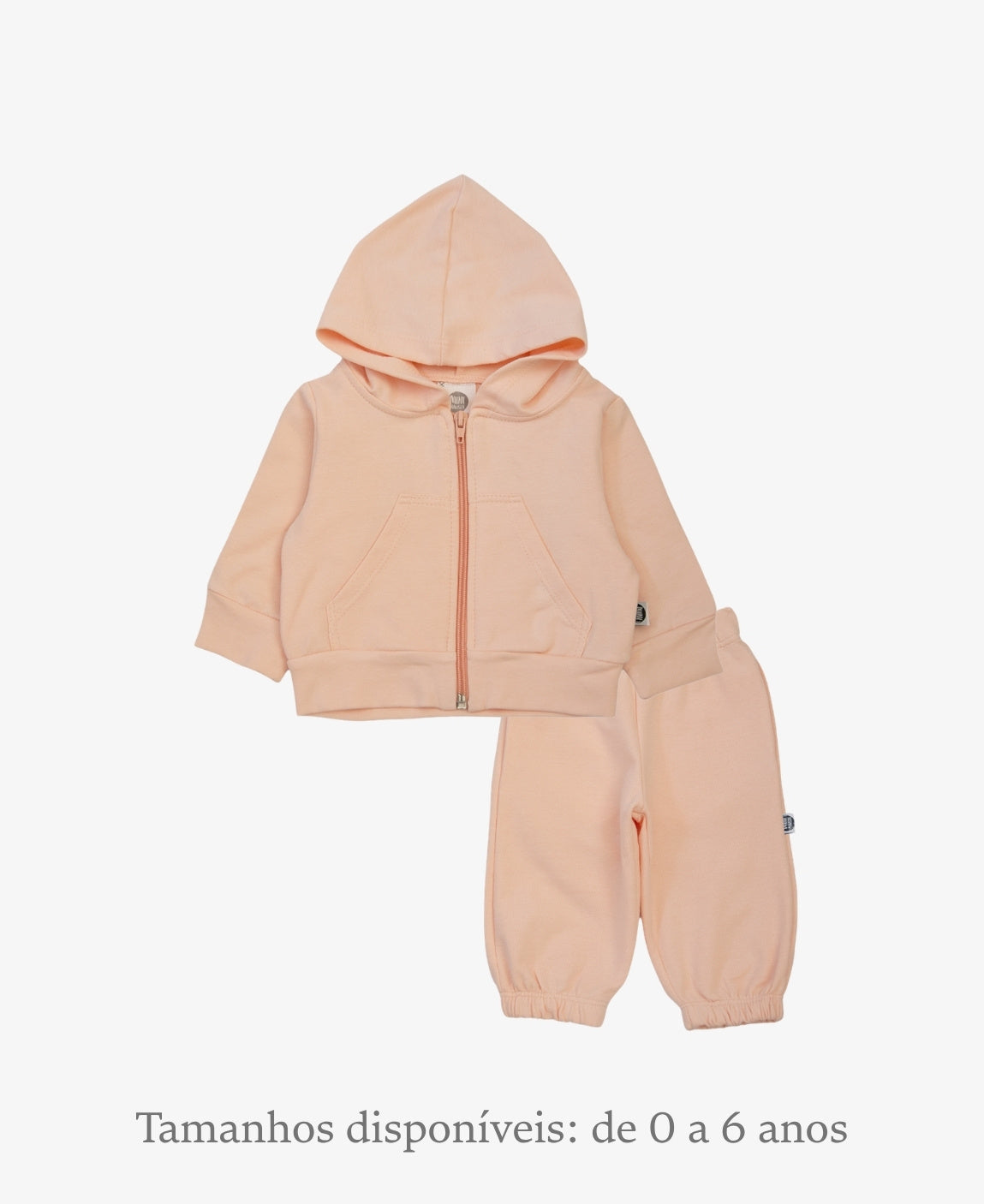Conjunto Moletinho Leve Unissex Infantil Liso Peachy - Casaco com capuz + Calça em algodão com elastano, pêssego pastel salmão claro, oversized para meia estação - MiniMalista Baby