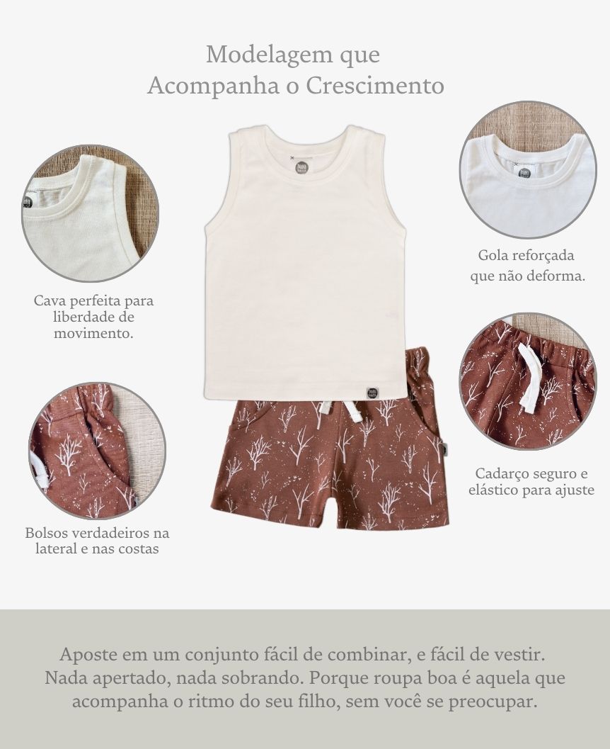 Conjunto Regata e Bermuda Infantil Menino | Branco Off e Twig