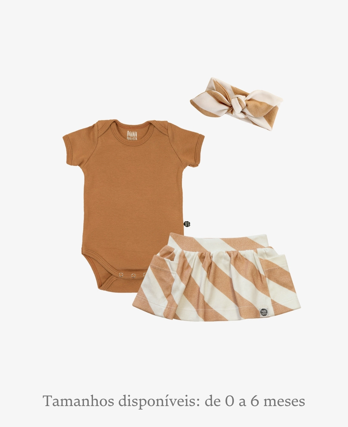 Conjunto Verão Bebê Menina Body e Saia | Listras Diagonais Bege e Goldie