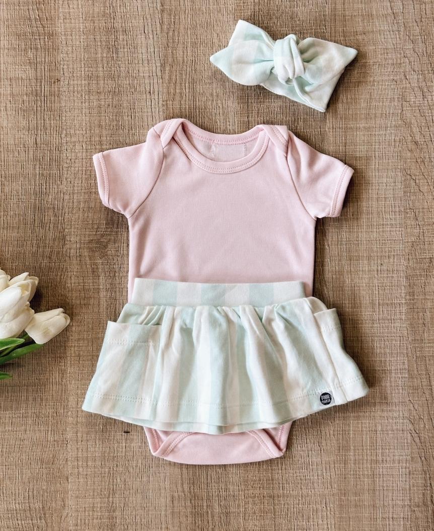 Conjunto Verão Bebê Menina Body e Saia | Rose Quartzo e Listras Fresh