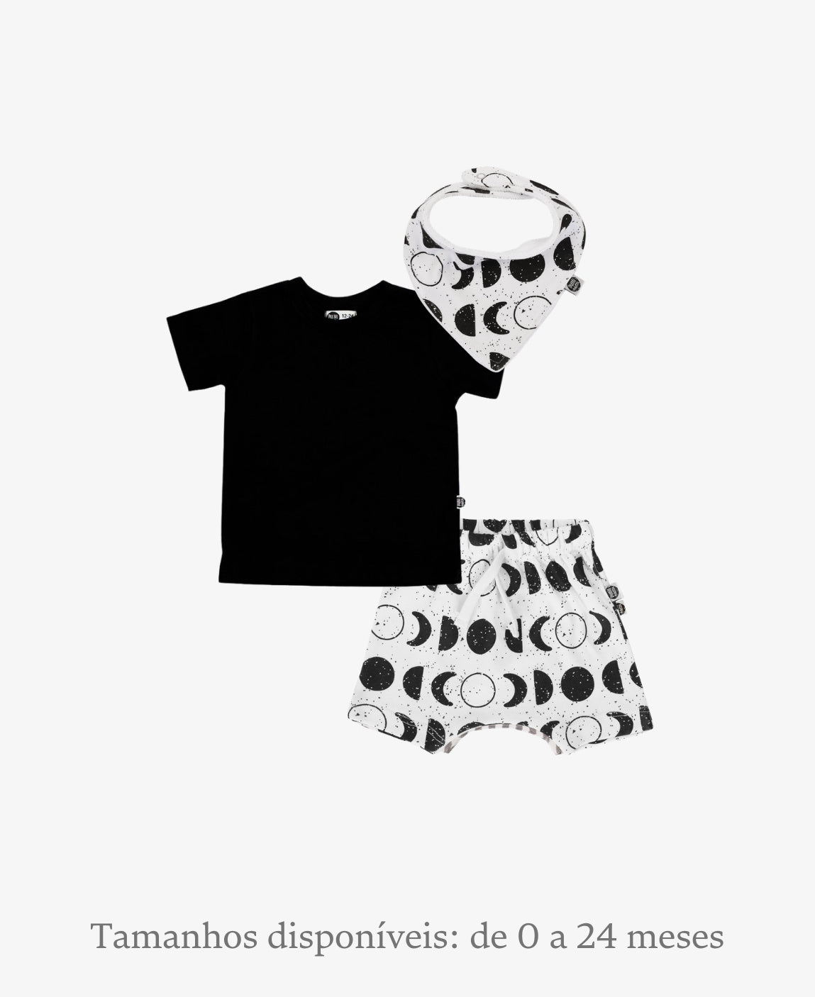 Conjunto Verão Bebê Menino Camiseta + Bermuda + Babador | Preto e Lunar