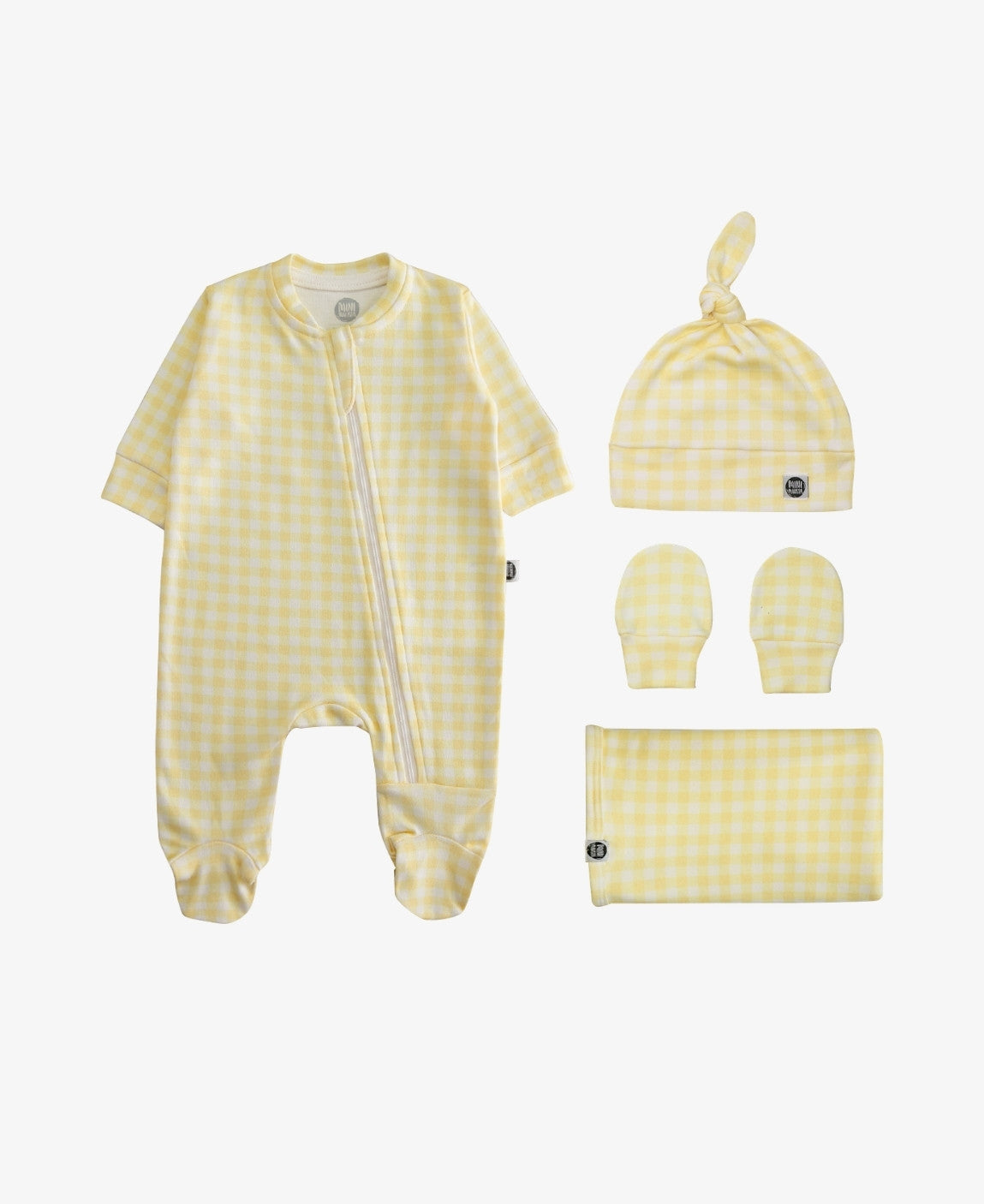 Kit Presente Saída de Maternidade Bebê 4 peças | Vichy Amarelo - Com Caixa Presente
