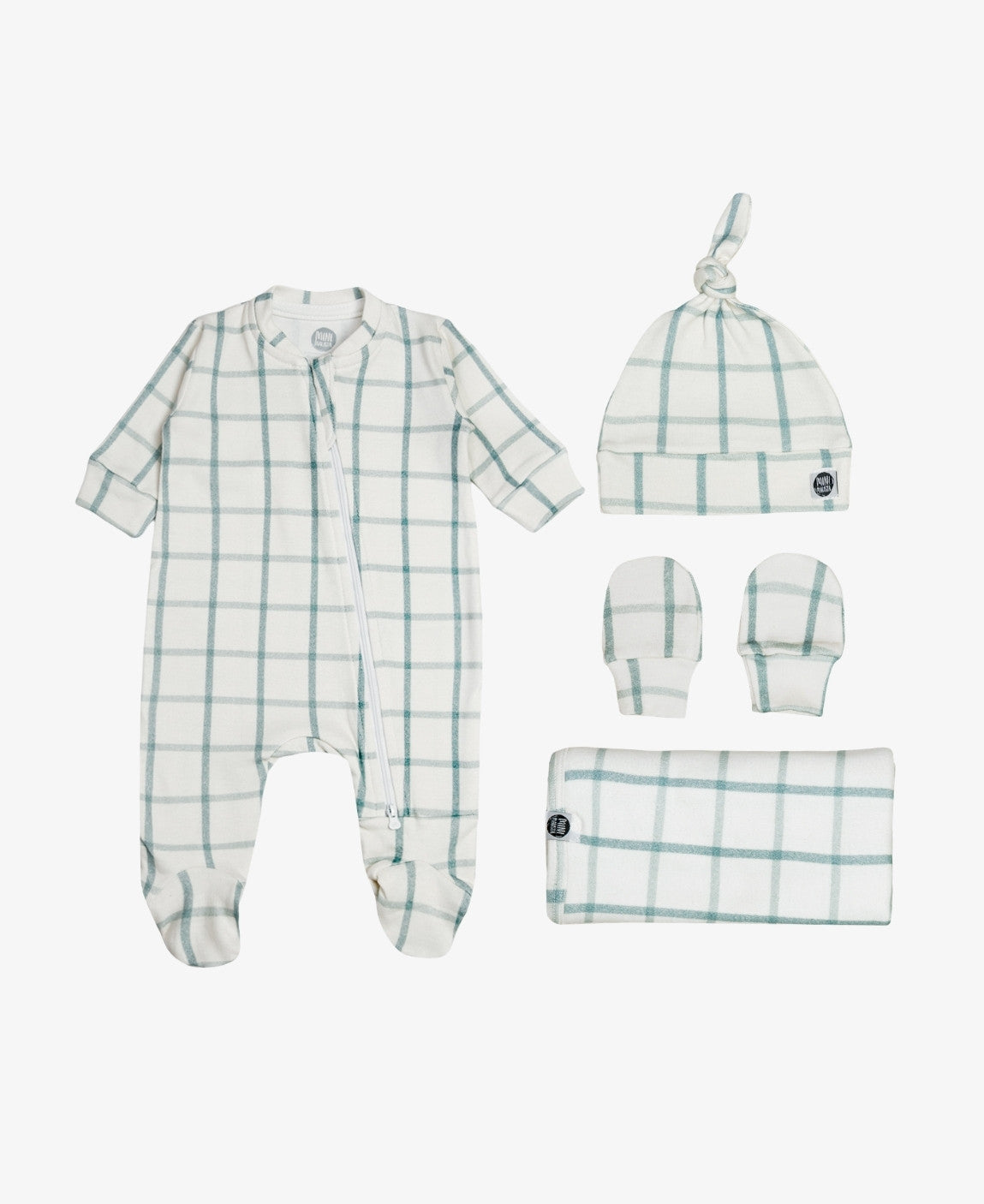 Kit Presente Saída de Maternidade Bebê 4 peças | Xadrez Azul - Com Caixa Presente