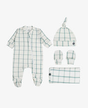 Kit Presente Saída de Maternidade Bebê 4 peças | Xadrez Azul - Com Caixa Presente
