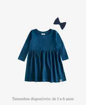 Conjunto Vestido Manga Longa Infantil Menina cor Liso Azul Sky com Laço jacaré coordenado — MiniMalista Baby em Algodão Egípcio Safra Premium com proteção UV50+, moda infantil inverno