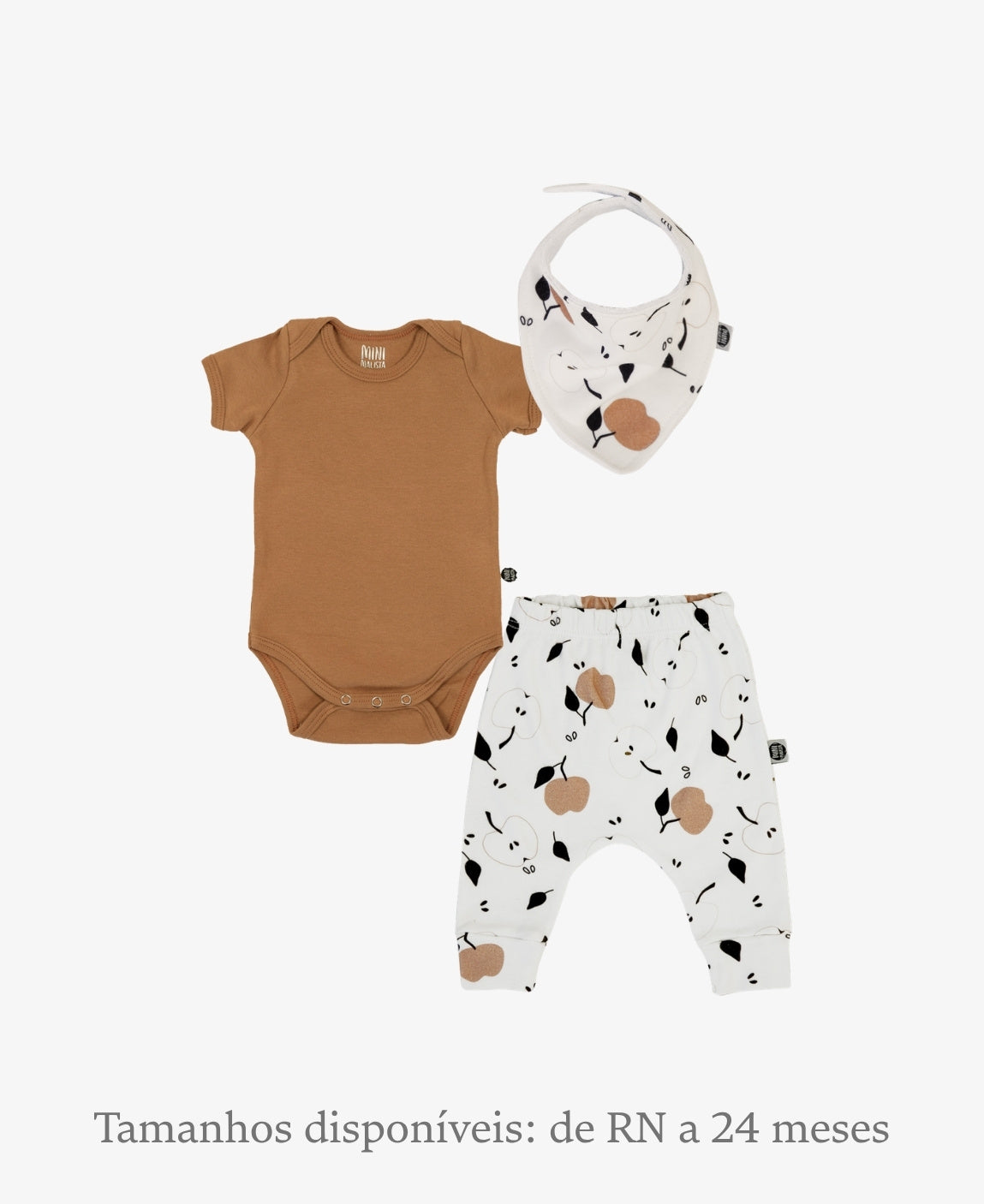 Conjunto Bebê Unissex Goldie e Apples - Body Curto (Goldie dourado caramelo) + Calça Harém (Apples maçãs bege) + Babador Bandana - Coleção Wild - 100% algodão fio egípcio - MiniMalista Baby