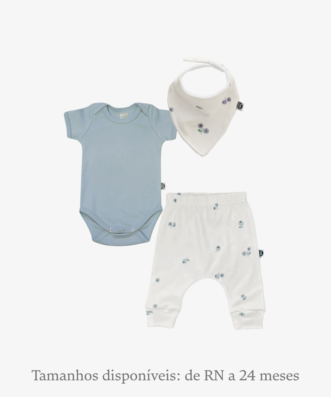 Conjunto Bebê Unissex Blueberry e Azul Coastal - Body Curto (Azul Coastal) + Calça Harém (Blueberry mirtilos azuis) + Babador Bandana - Coleção Wild - 100% algodão fio egípcio - MiniMalista Baby
