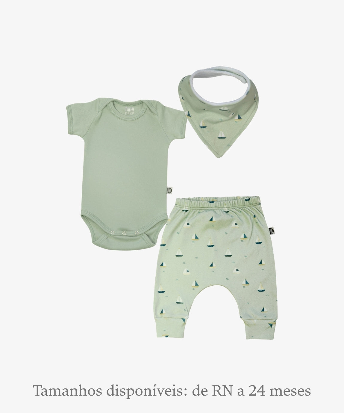 Conjunto Bebê Unissex Boats e Eucalipto - Body Curto (Eucalipto verde eucalipto) + Calça Harém (Boats barcos náuticos) + Babador Bandana - Coleção Wild - 100% algodão fio egípcio - MiniMalista Baby