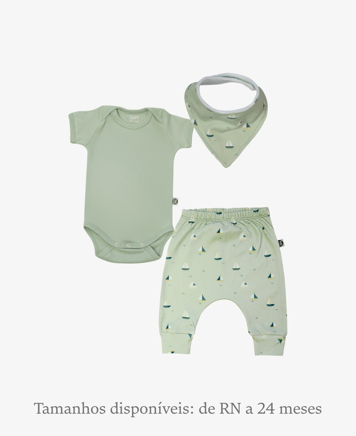 Conjunto Bebê Unissex Boats e Eucalipto - Body Curto (Eucalipto verde eucalipto) + Calça Harém (Boats barcos náuticos) + Babador Bandana - Coleção Wild - 100% algodão fio egípcio - MiniMalista Baby