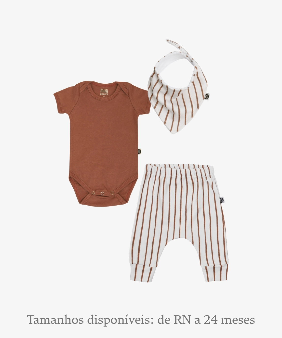 Kit Conjunto Bebê Unissex Forest e Chutney - Body Curto (Chutney terracota Pantone) + Calça Harém (Forest listras verticais evocando árvores) + Babador Bandana - Coleção Wild - 100% algodão fio egípcio - MiniMalista Baby