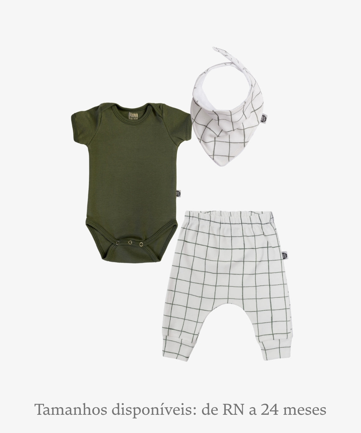 Conjunto Bebê Unissex Greeny e Jungle Green - Body Curto (Jungle Green verde jungle) + Calça Harém (Greeny folhagens verdes) + Babador Bandana - Coleção Wild - 100% algodão fio egípcio - MiniMalista Baby