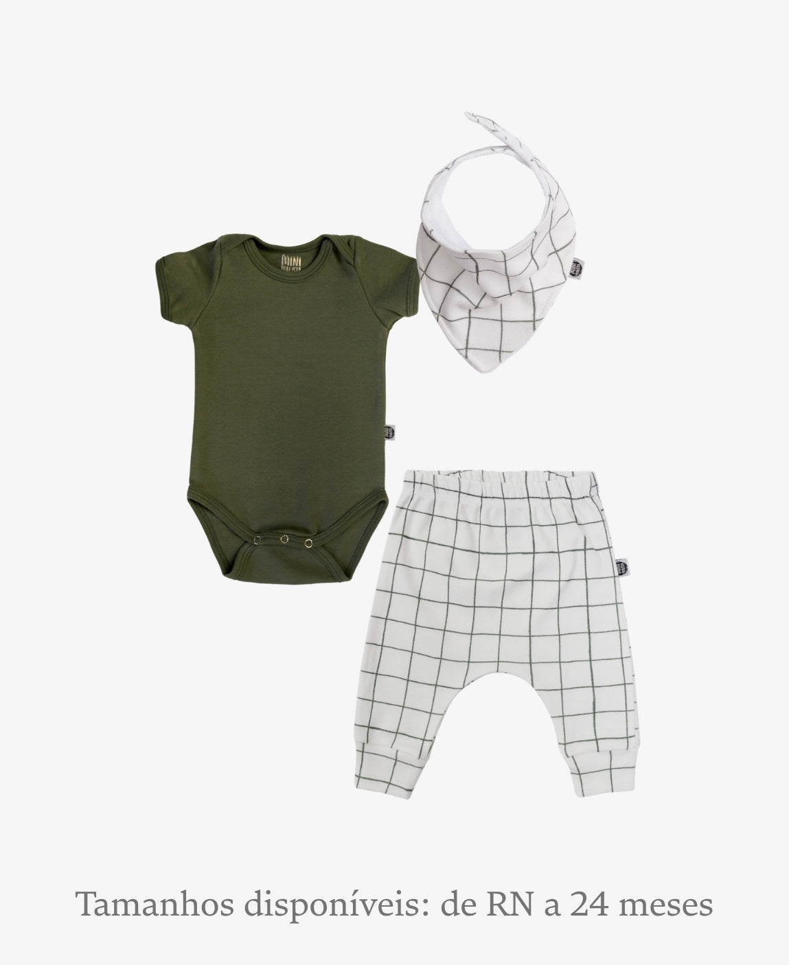Conjunto Bebê Unissex Greeny e Jungle Green - Body Curto (Jungle Green verde jungle) + Calça Harém (Greeny folhagens verdes) + Babador Bandana - Coleção Wild - 100% algodão fio egípcio - MiniMalista Baby