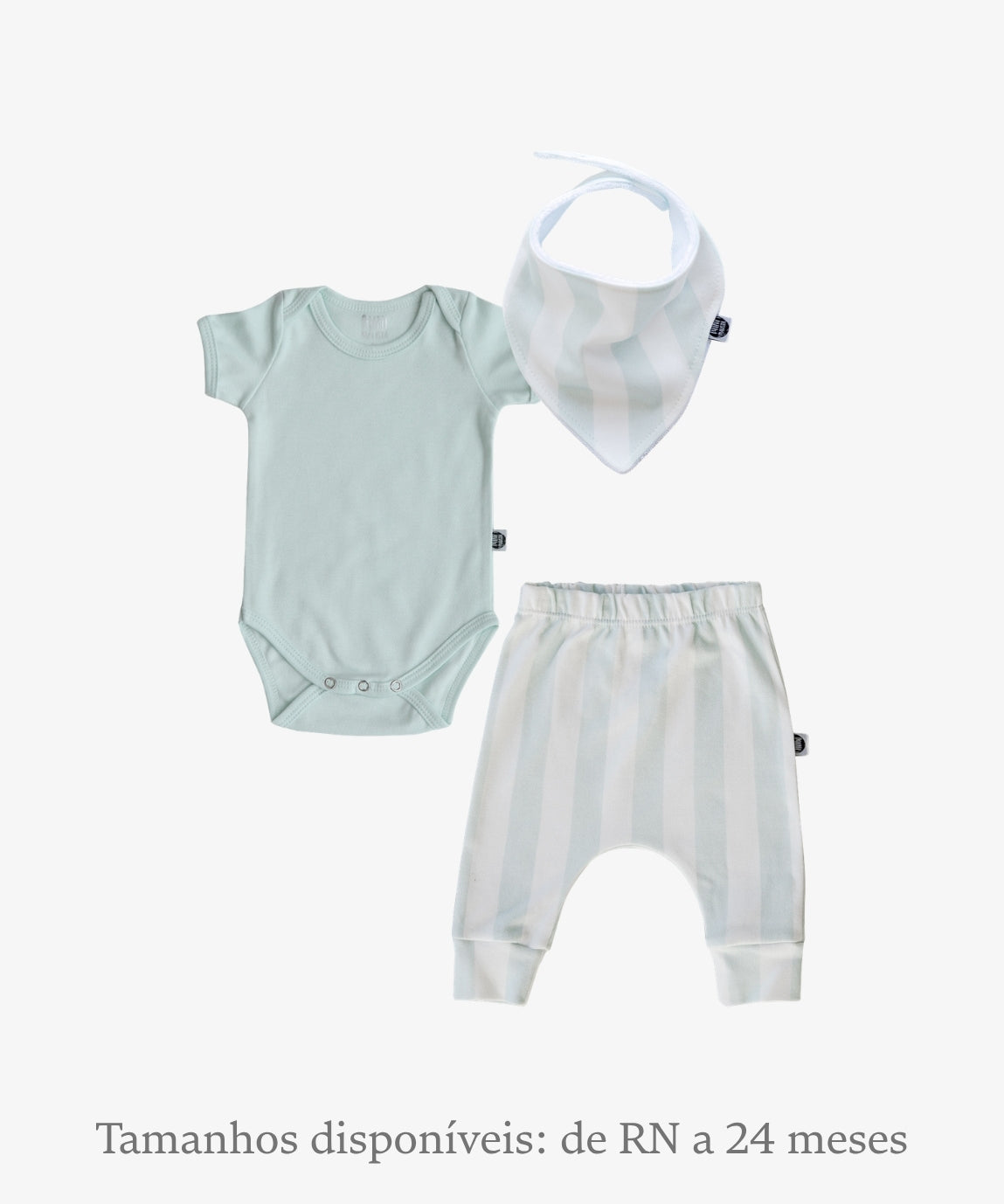 Conjunto Bebê Unissex Listras Fresh e Mint - Body Curto (Mint verde mint) + Calça Harém (Listras Fresh listras verdes fresh) + Babador Bandana - Coleção Wild - 100% algodão fio egípcio - MiniMalista Baby