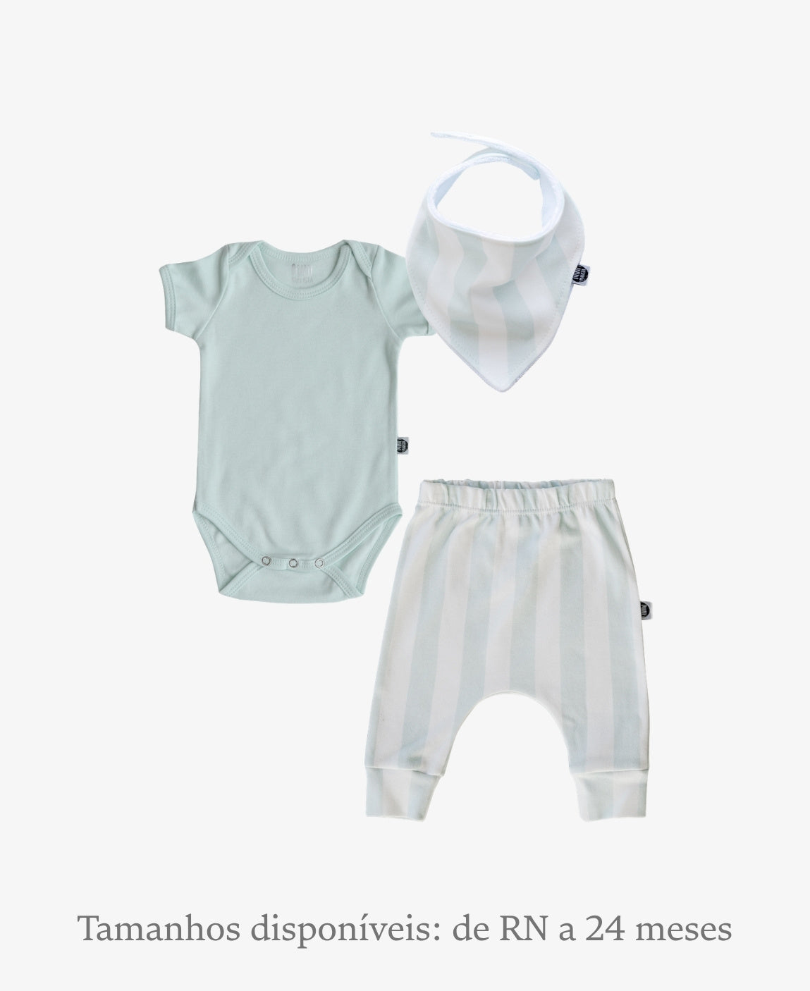 Conjunto Bebê Unissex Listras Fresh e Mint - Body Curto (Mint verde mint) + Calça Harém (Listras Fresh listras verdes fresh) + Babador Bandana - Coleção Wild - 100% algodão fio egípcio - MiniMalista Baby