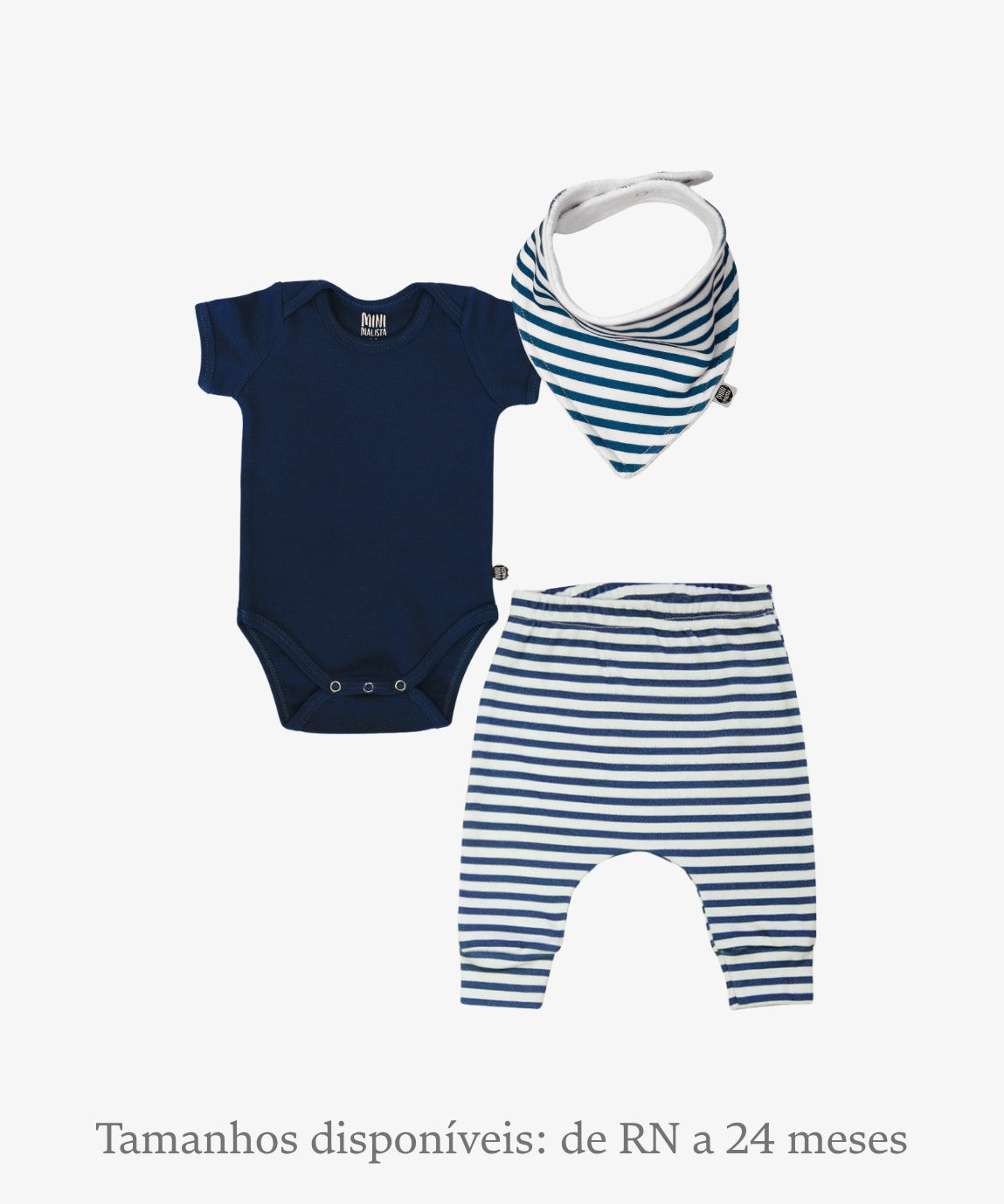 Conjunto Bebê Unissex Listrinhas Navy e Ocean - Body Curto (Ocean azul ocean) + Calça Harém (Listrinhas Navy) + Babador Bandana - Coleção Wild - 100% algodão fio egípcio - MiniMalista Baby