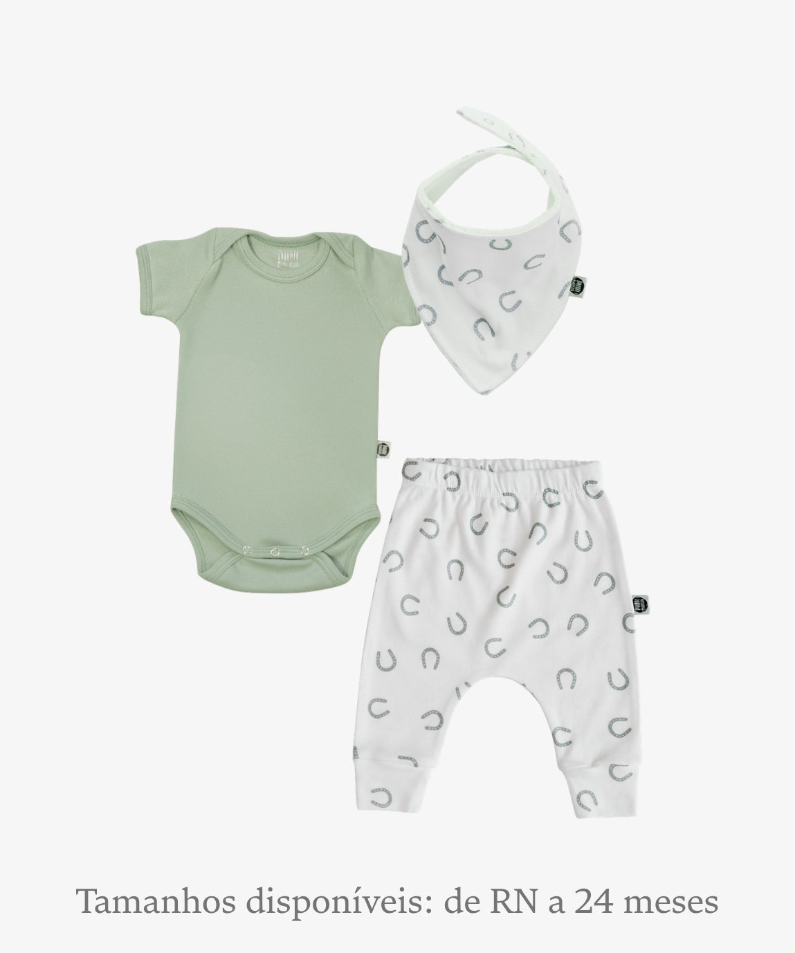 Conjunto Bebê Unissex Lucky e Eucalipto - Body Curto (Eucalipto verde eucalipto) + Calça Harém (Lucky trevos da sorte) + Babador Bandana - Coleção Wild - 100% algodão fio egípcio - MiniMalista Baby