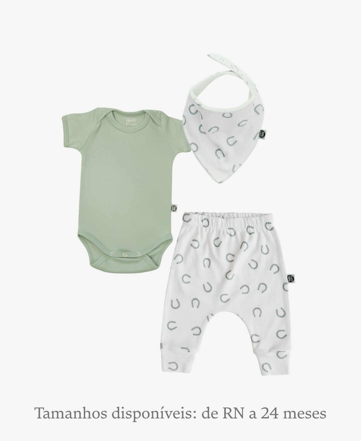 Conjunto Bebê Unissex Lucky e Eucalipto - Body Curto (Eucalipto verde eucalipto) + Calça Harém (Lucky trevos da sorte) + Babador Bandana - Coleção Wild - 100% algodão fio egípcio - MiniMalista Baby