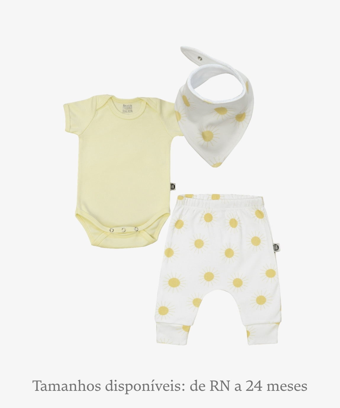 Conjunto Bebê Unissex Solar e Manteiga - Body Curto (Manteiga amarelo manteiga) + Calça Harém (Solar sóis quentinhos) + Babador Bandana - Coleção Wild - 100% algodão fio egípcio - MiniMalista Baby