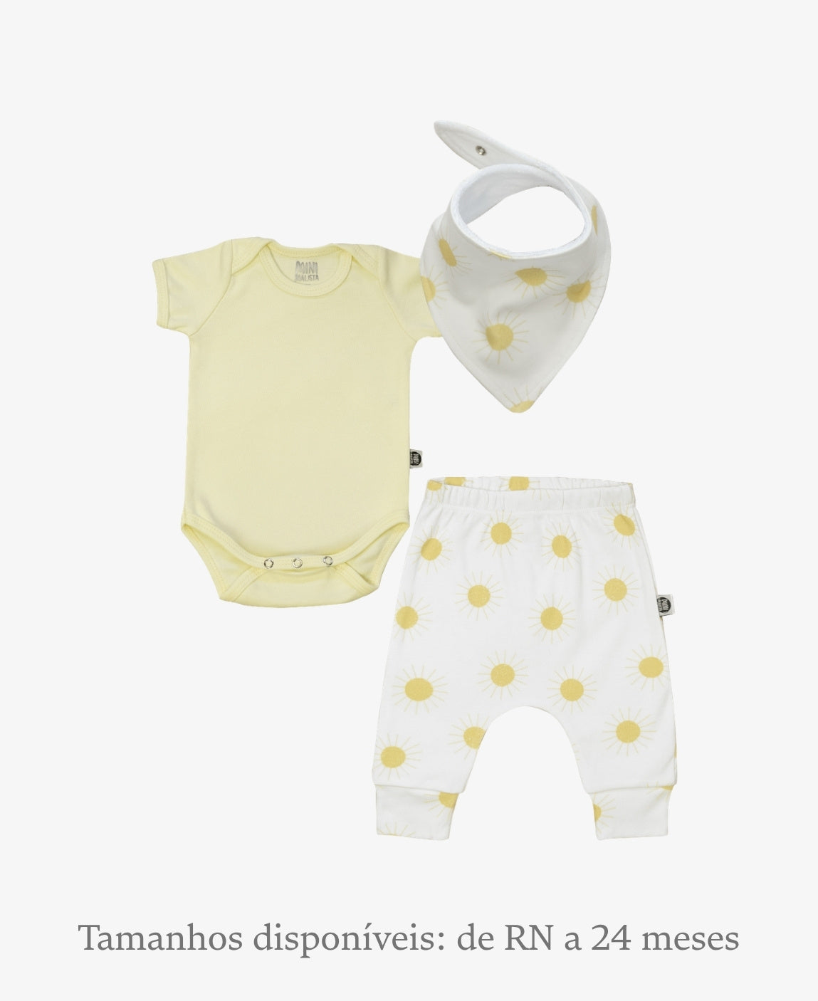 Conjunto Bebê Unissex Solar e Manteiga - Body Curto (Manteiga amarelo manteiga) + Calça Harém (Solar sóis quentinhos) + Babador Bandana - Coleção Wild - 100% algodão fio egípcio - MiniMalista Baby