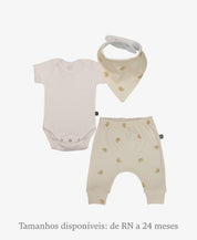 Conjunto Bebê Unissex Baby Bear e Branco Off — Body Manga Curta (Branco Off creme neutro) + Calça Harém (Baby Bear ursinhos fofos) + Babador Bandana — Coleção Wild — 100% algodão fio egípcio — MiniMalista Baby