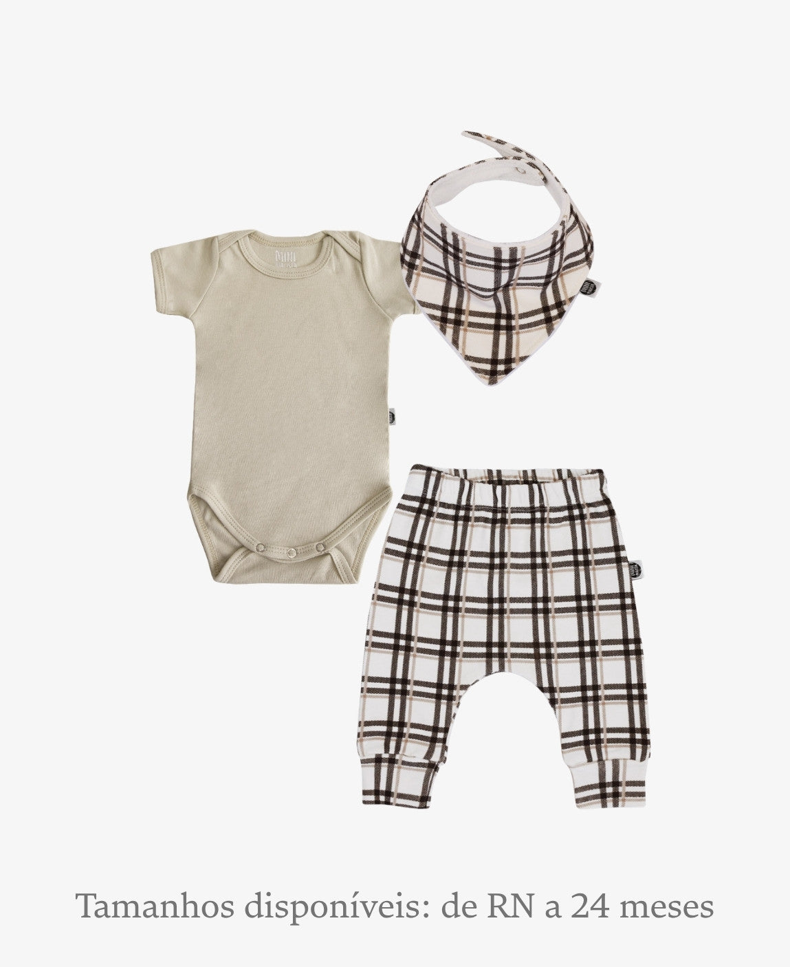 Conjunto Bebê Unissex Xadrez Plaid e Stone - Body Curto (Stone cinza pedra) + Calça Harém (Xadrez Plaid clássico) + Babador Bandana - Coleção Wild - 100% algodão fio egípcio - MiniMalista Baby