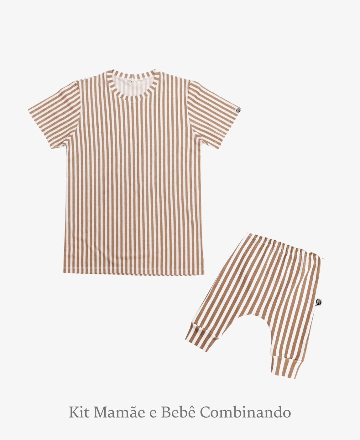 Kit Tal Mãe Tal Filho Camiseta Adulto + Calça Harém Bebê | Listras Retrô Avelã