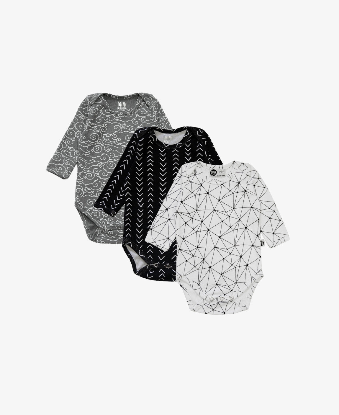 Kit 3 Bodies Manga Longa |  Preto, Cinza e Branco